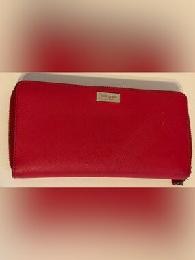 Kate Spade Red Saffiano Zip Around Wallet Cherry Red Gold Logo
